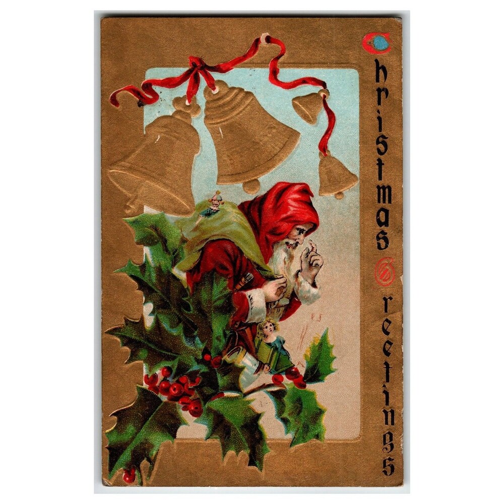 Vintage Christmas Postcard Santa Claus Gold Embossed Holly Golden Bells 1910s